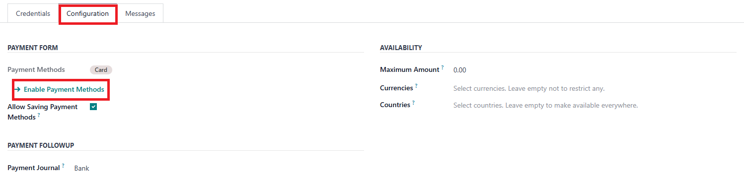 L’image montre l’onglet Configuration dans l’interface Odoo avec l’option « Enable Payment Methods » mise en évidence.