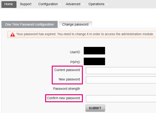 The image shows where to find the three fields “Current password”/”New password”/”Confirm new password” on the login screen