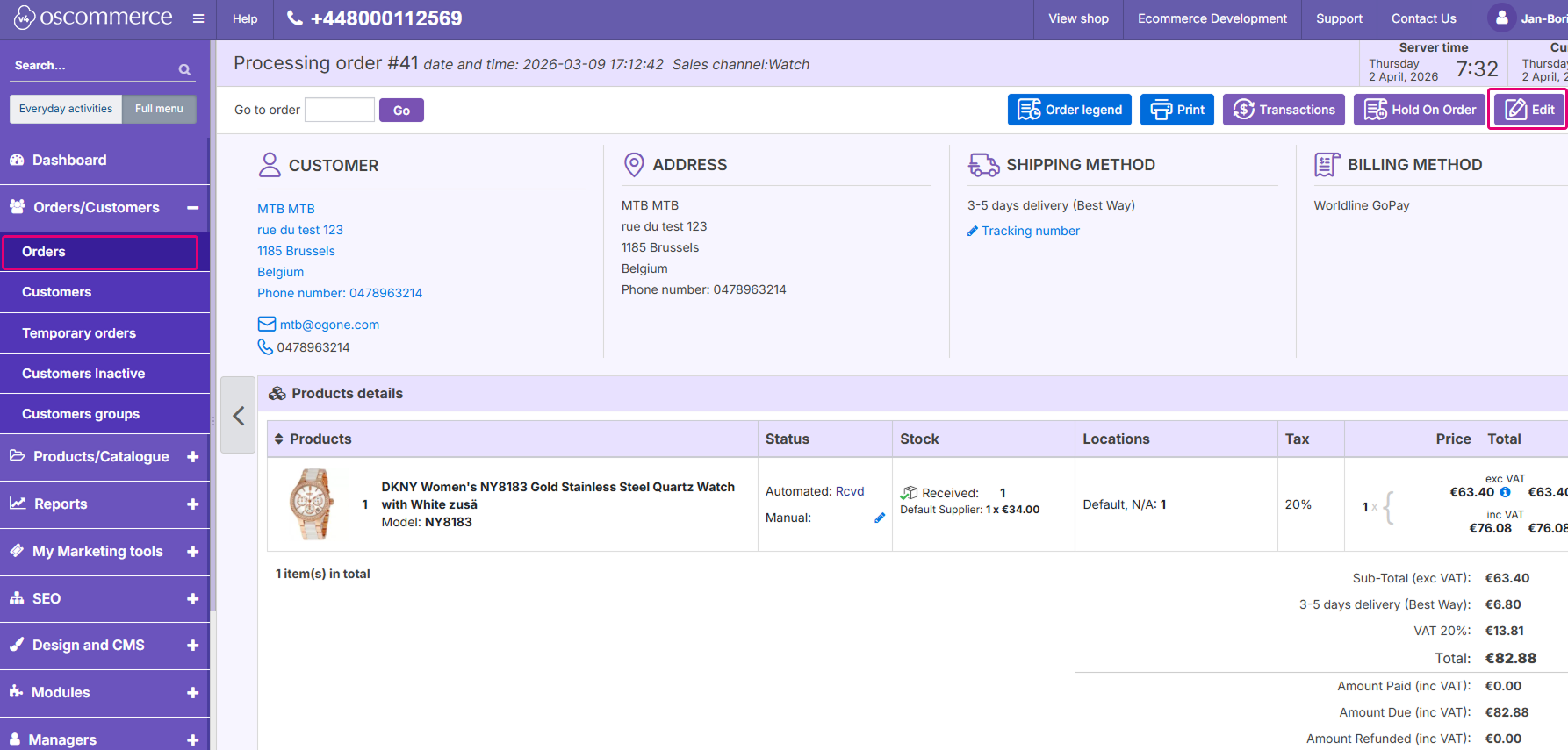 Screenshot of the osCommerce Back Office showing where to find the Edit option to access the Worldline Pay By Link option.
