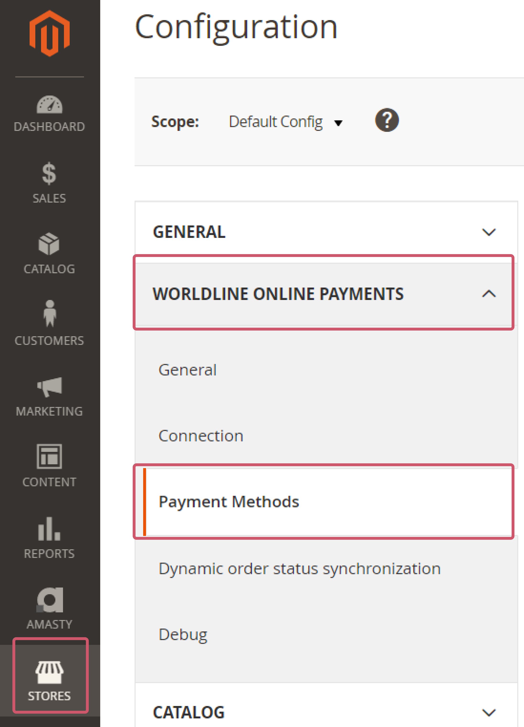 The image shows where to find the “Payment methods” module in the Magento Back Office