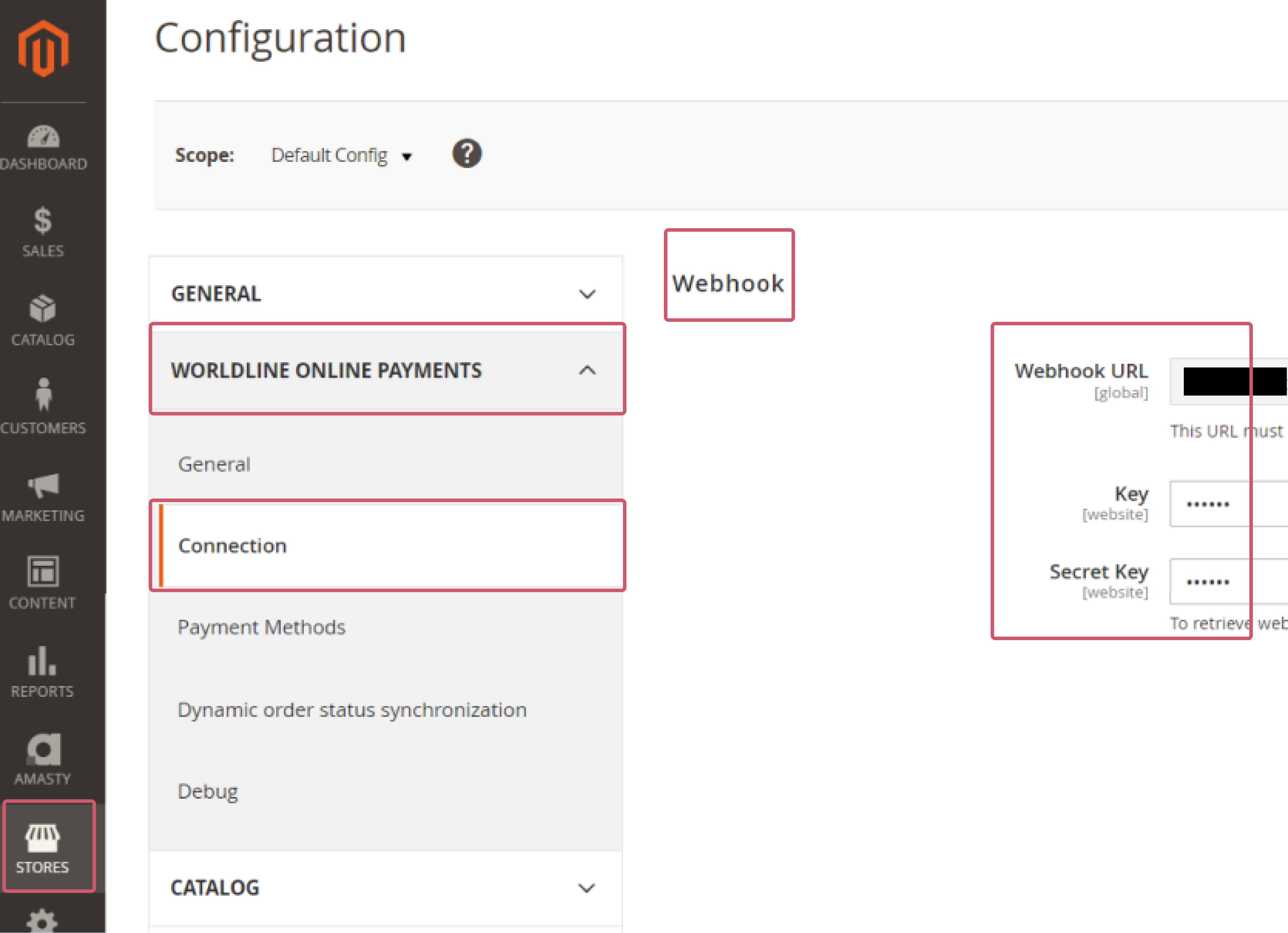 The image shows where to find the “Webhooks” module in the Magento Back Office