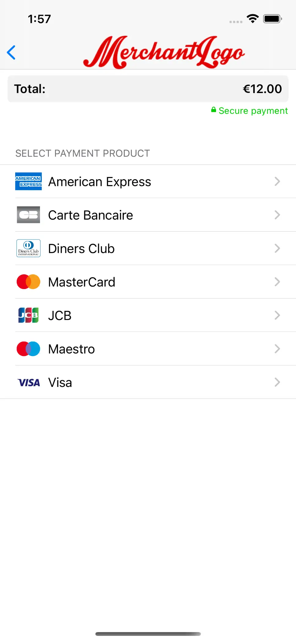 The image above shows the payment product selection screen.