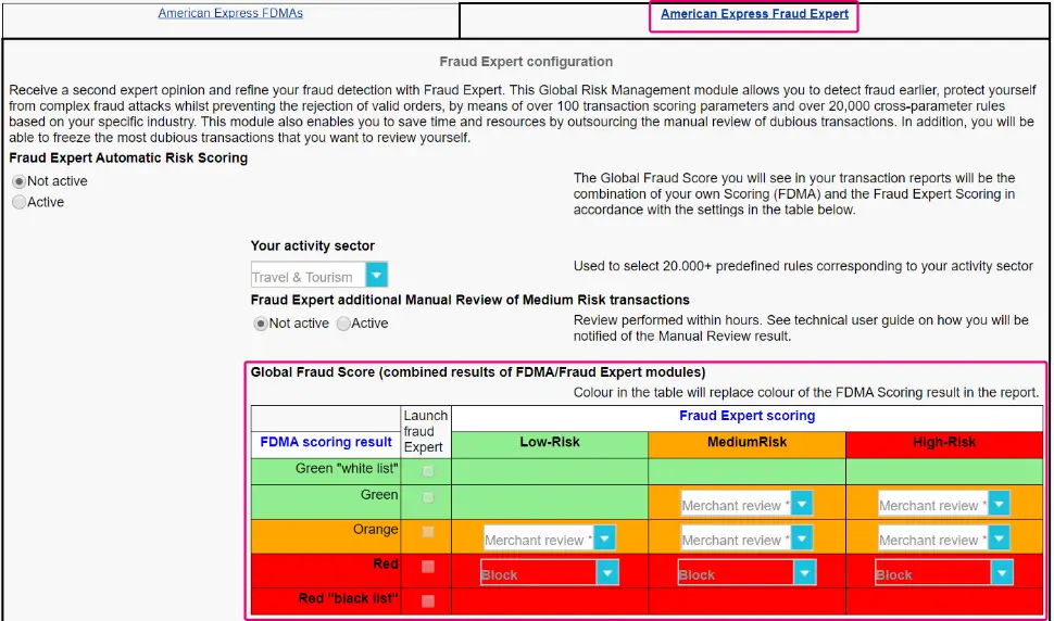 The image above shows an overview of available settings in the "Fraud Expert" tab.