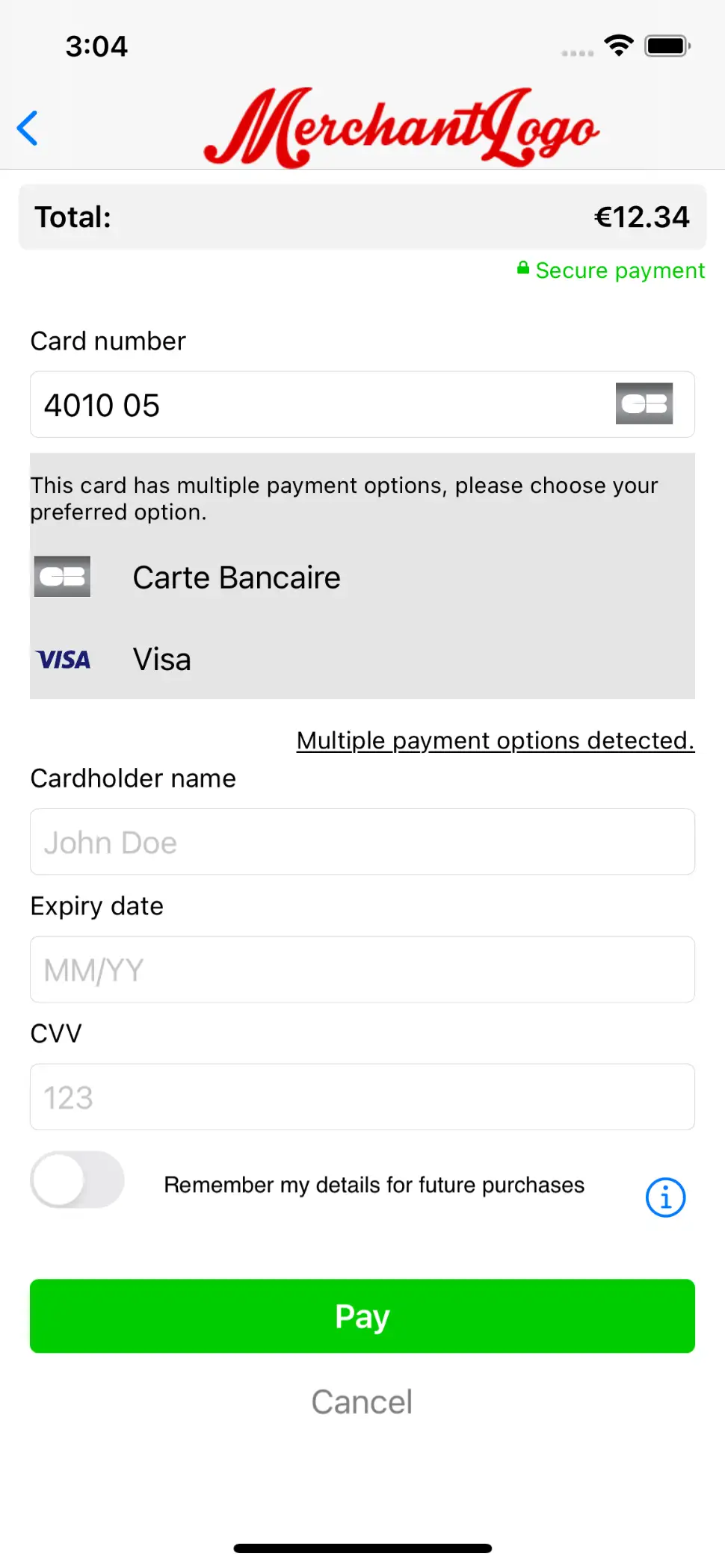 L'image ci-dessus montre le contrôle de l'IIN dans l'application.