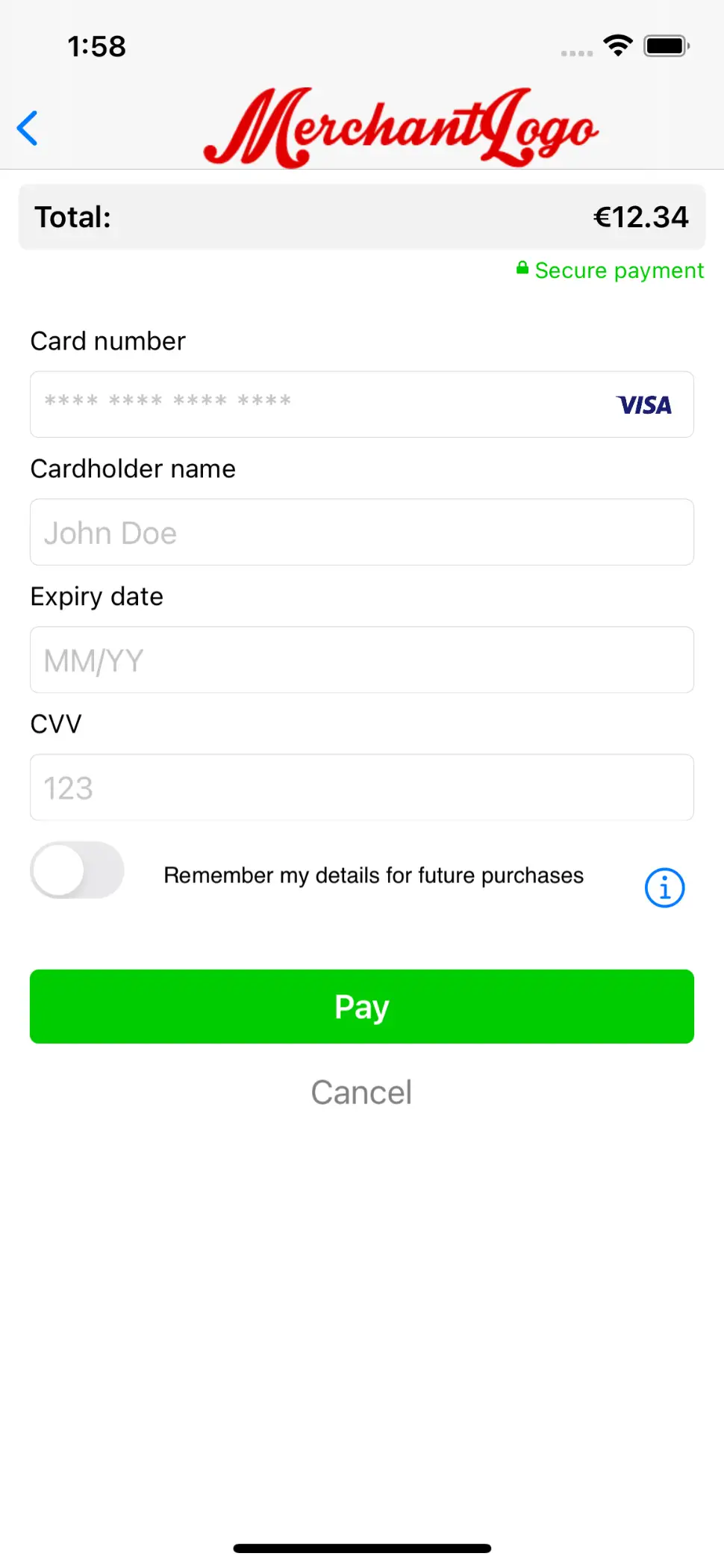 The image above shows the payment product input form screen after validation.