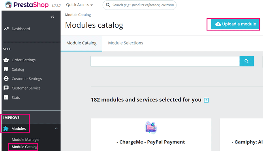 L'image ci-dessus montre l'écran du Catalogue de Modules de PrestaShop avec le bouton "Télécharger un module" mis en surbrillance.