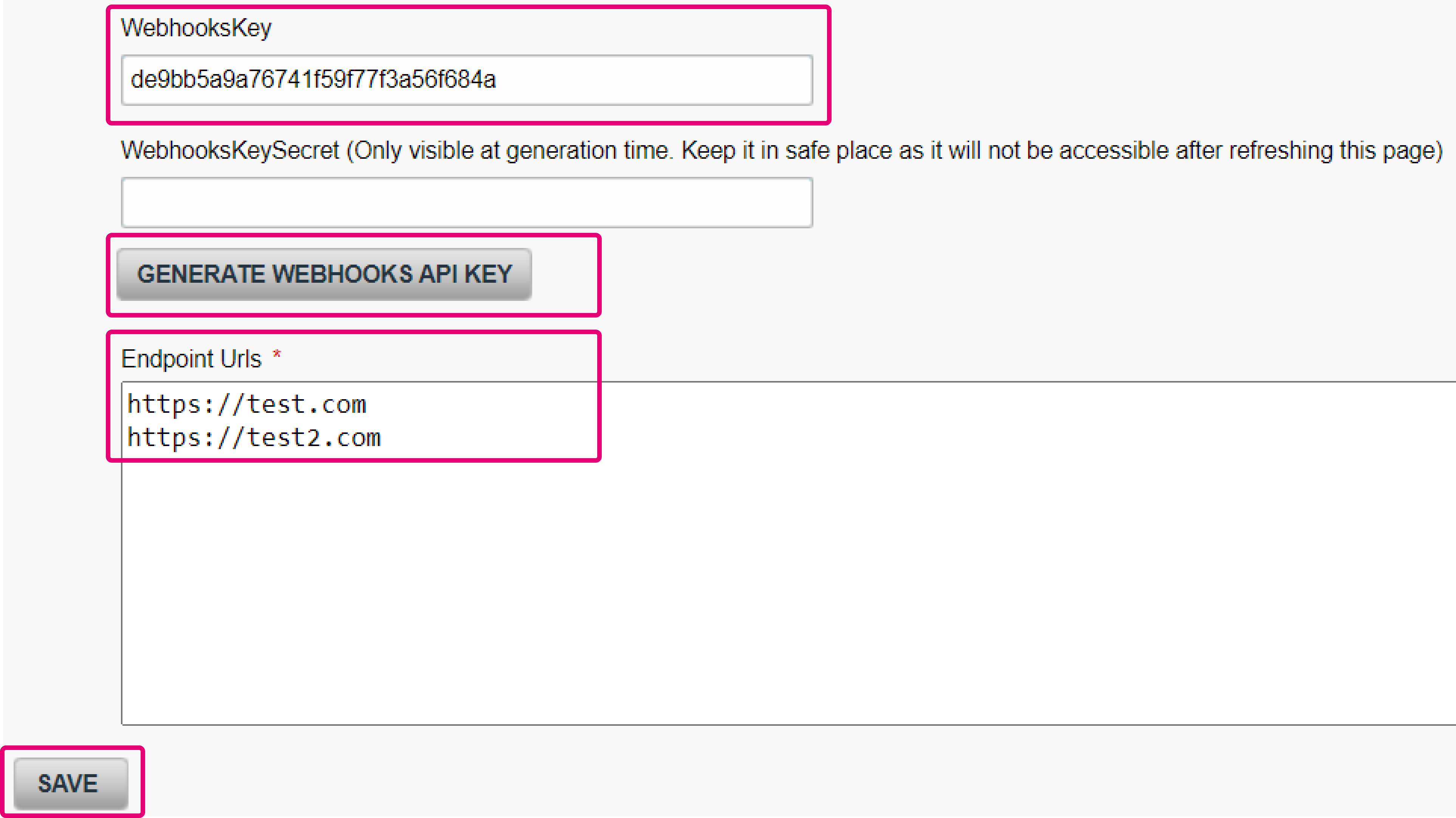 The image shows where to configure webhooks in the Back Office