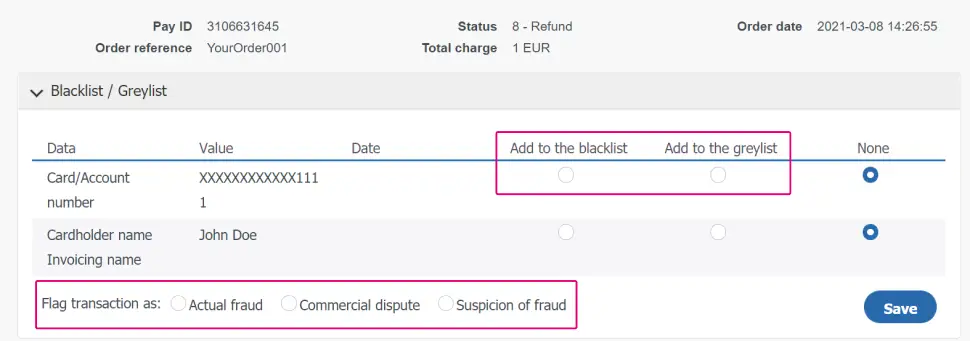 The image above shows how to link a transaction to either "Actual fraud" / "Commercial dispute" / "Suspicion of fraud".
