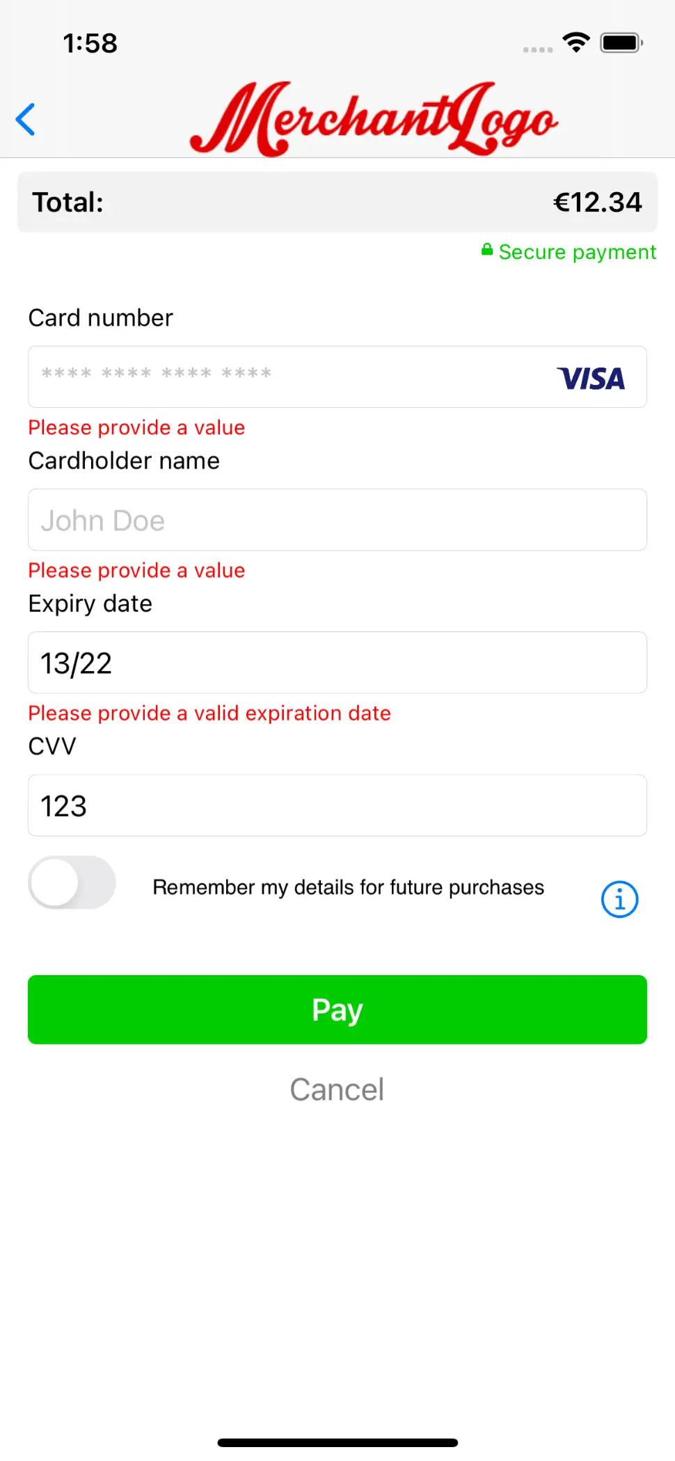 L'image ci-dessus montre l'écran du formulaire de saisie du produit de paiement après validation.