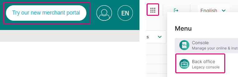 L’image ci-dessus montre les options de navigation dans l’interface Worldline, mettant en évidence les boutons pour accéder au nouveau portail marchand et à l’ancien back office.