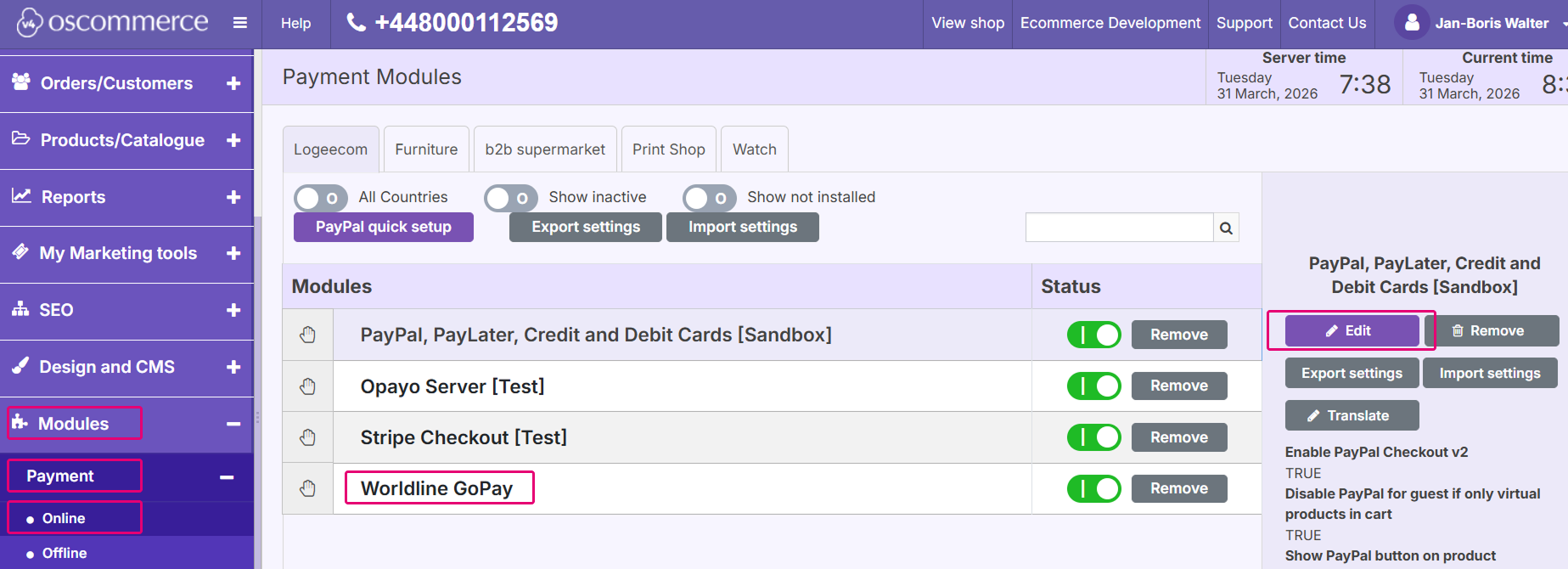 Capture d&rsquo;&eacute;cran du Back Office osCommerce montrant l&rsquo;option Edit, qui permet d&rsquo;acc&eacute;der aux param&egrave;tres de base.