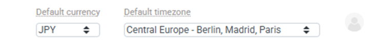 The image above shows dropdowns for setting default currency and timezone in the Analytics Dashboard (MyPerformance) interface.