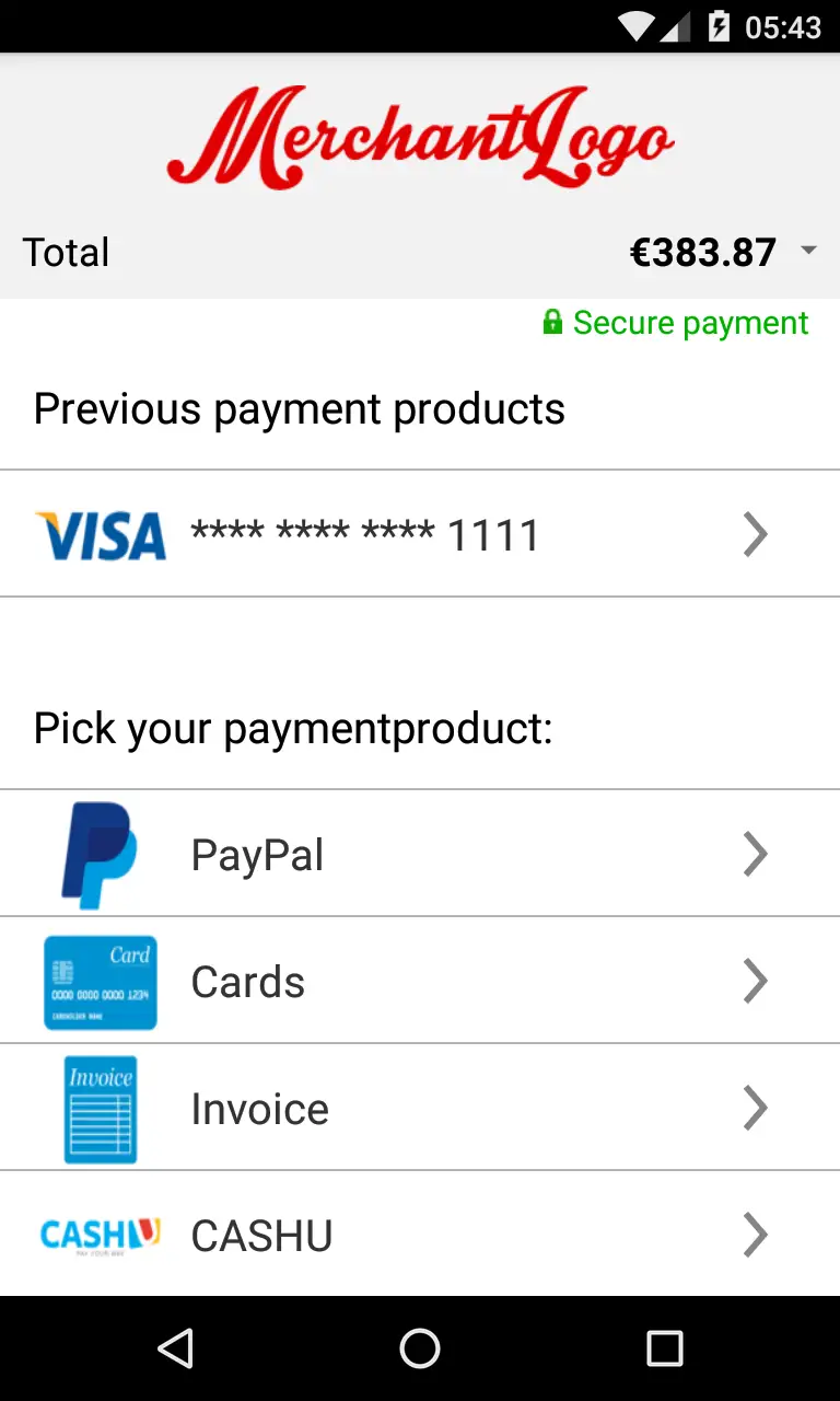 L’image ci-dessus montre un écran de paiement mobile avec plusieurs options de paiement, dont Visa, PayPal, Cartes, Facture et CASHU.