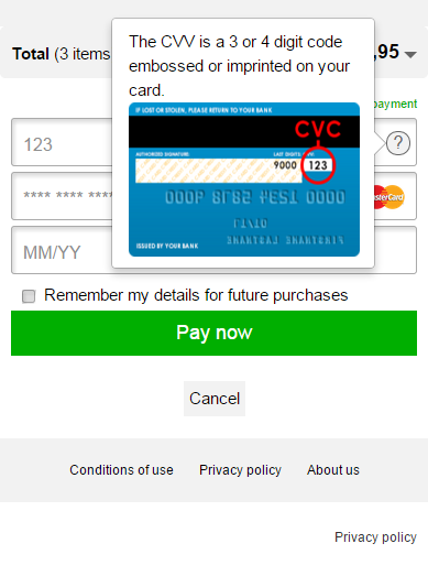 The image above shows the payment product input activity screen after pressing the information button.