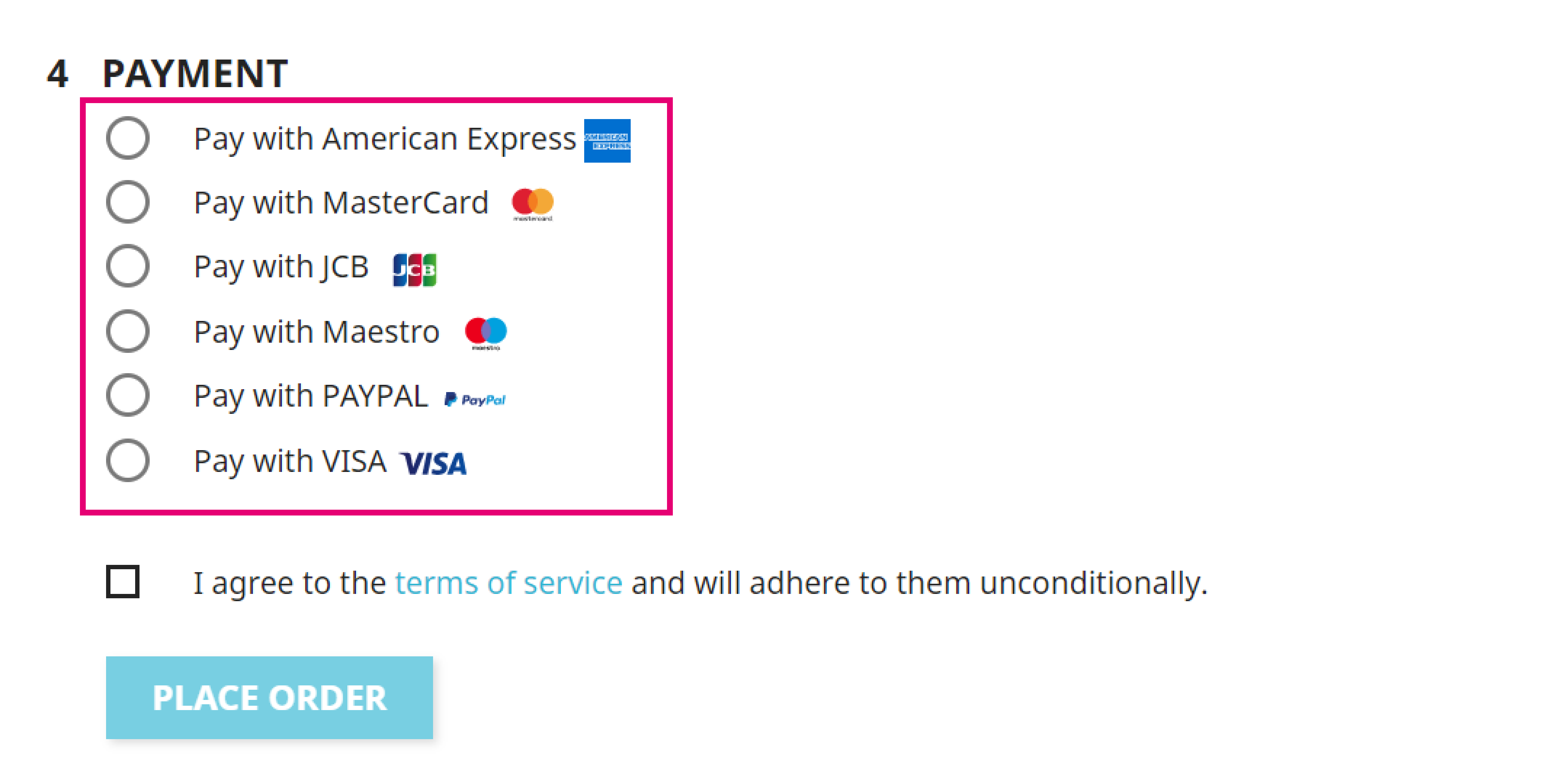 L'image ci-dessus montre la disposition de la page de paiement Prestashop si "Sélection de la méthode de paiement avant redirection" est réglée sur OUI.