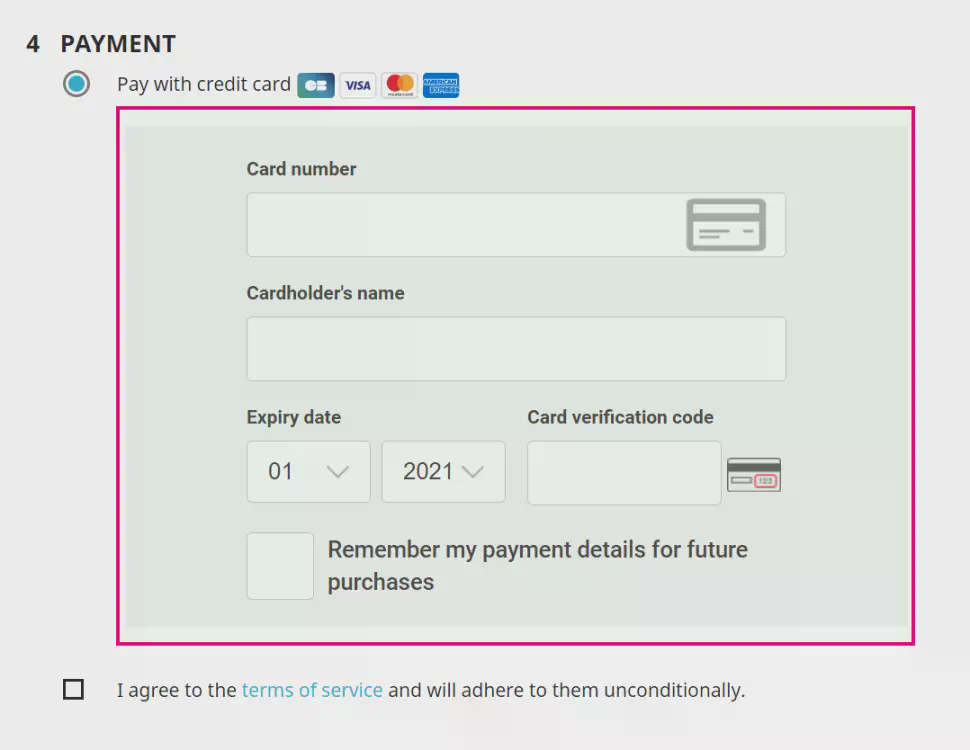 The image above shows the layout if “Accept cards payments on iframe” is set to YES.