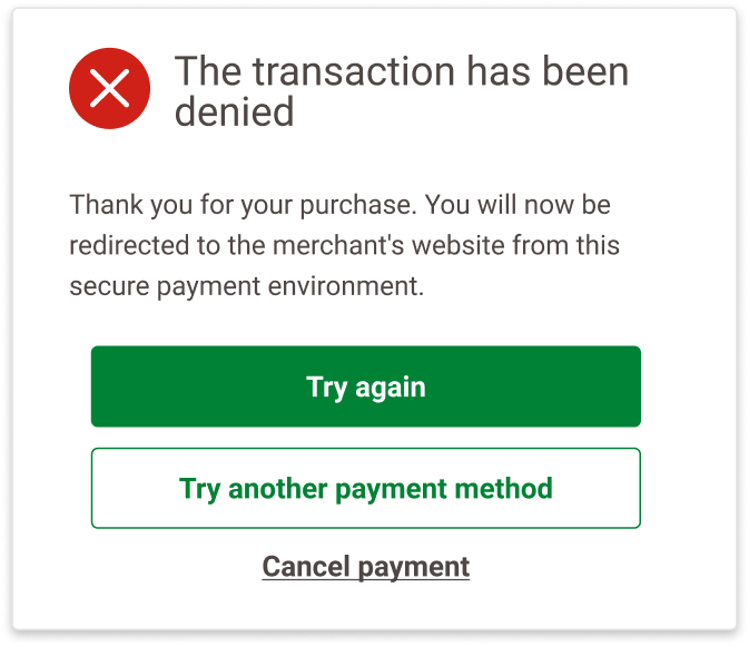 L'image ci-dessus montre un écran d'erreur de paiement indiquant "La transaction a été refusée" avec des options pour réessayer.