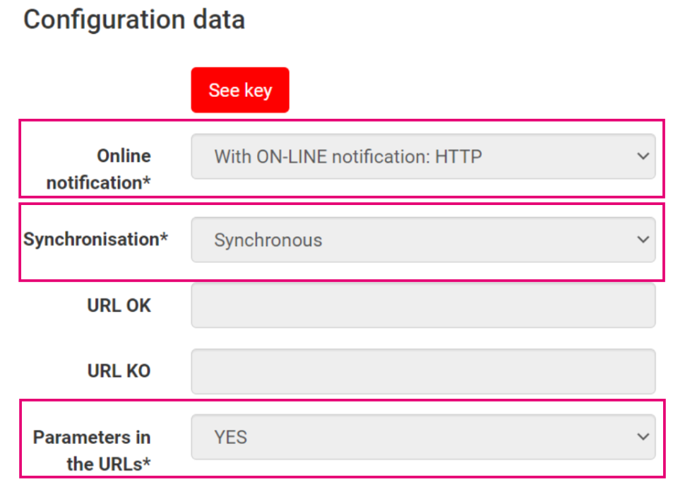 The image above shows the "Configuration data" tab in the Bizum platform.