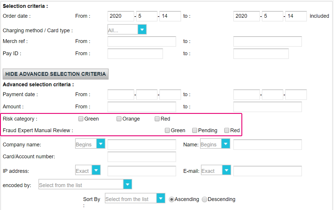 The image above shows where to choose search criteria "Risk category"/"Fraud Expert Manual Review" in Operations > View Transactions > ADVANCED SEARCH CRITERIA.