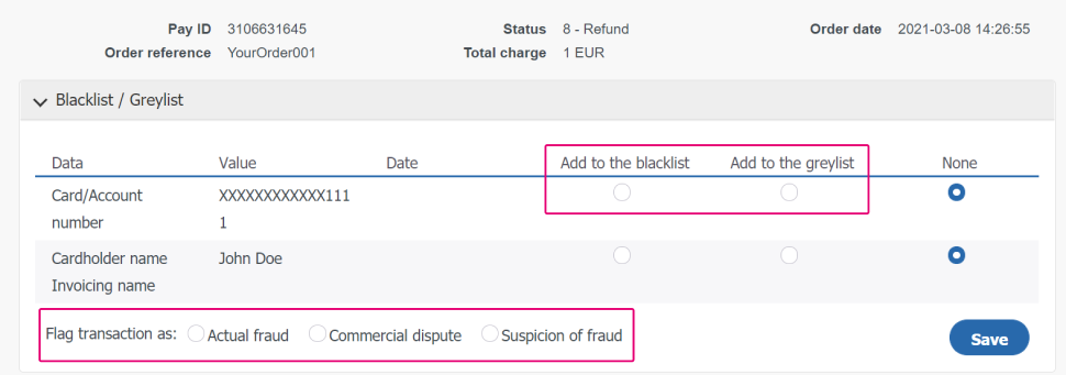 The image above shows how to link a transaction to either "Actual fraud" / "Commercial dispute" / "Suspicion of fraud".