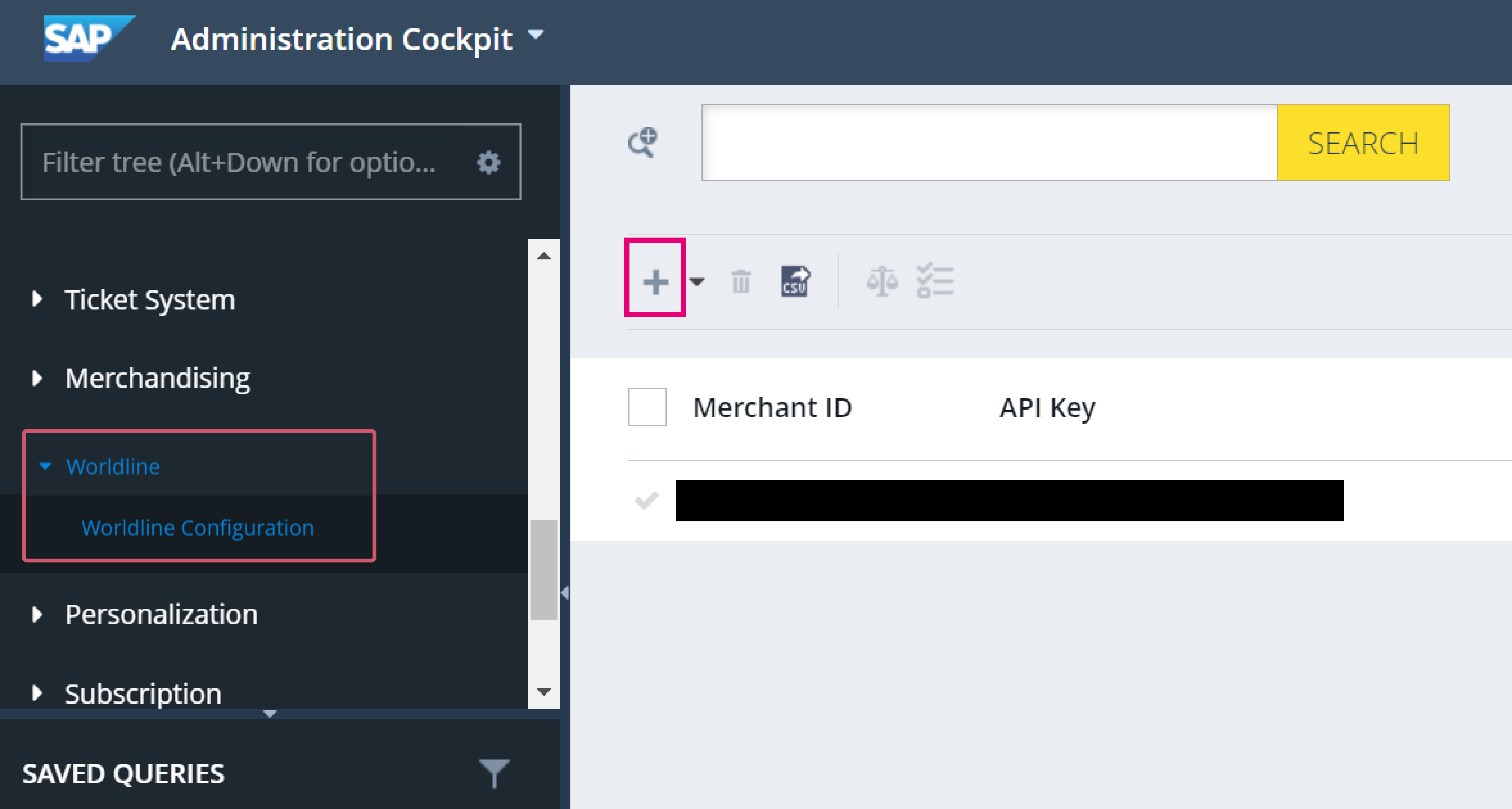 Dieses Bild zeigt, wo Sie das Element Worldline Configuration und das „+“ - Symbol auf der Taskleiste finden.