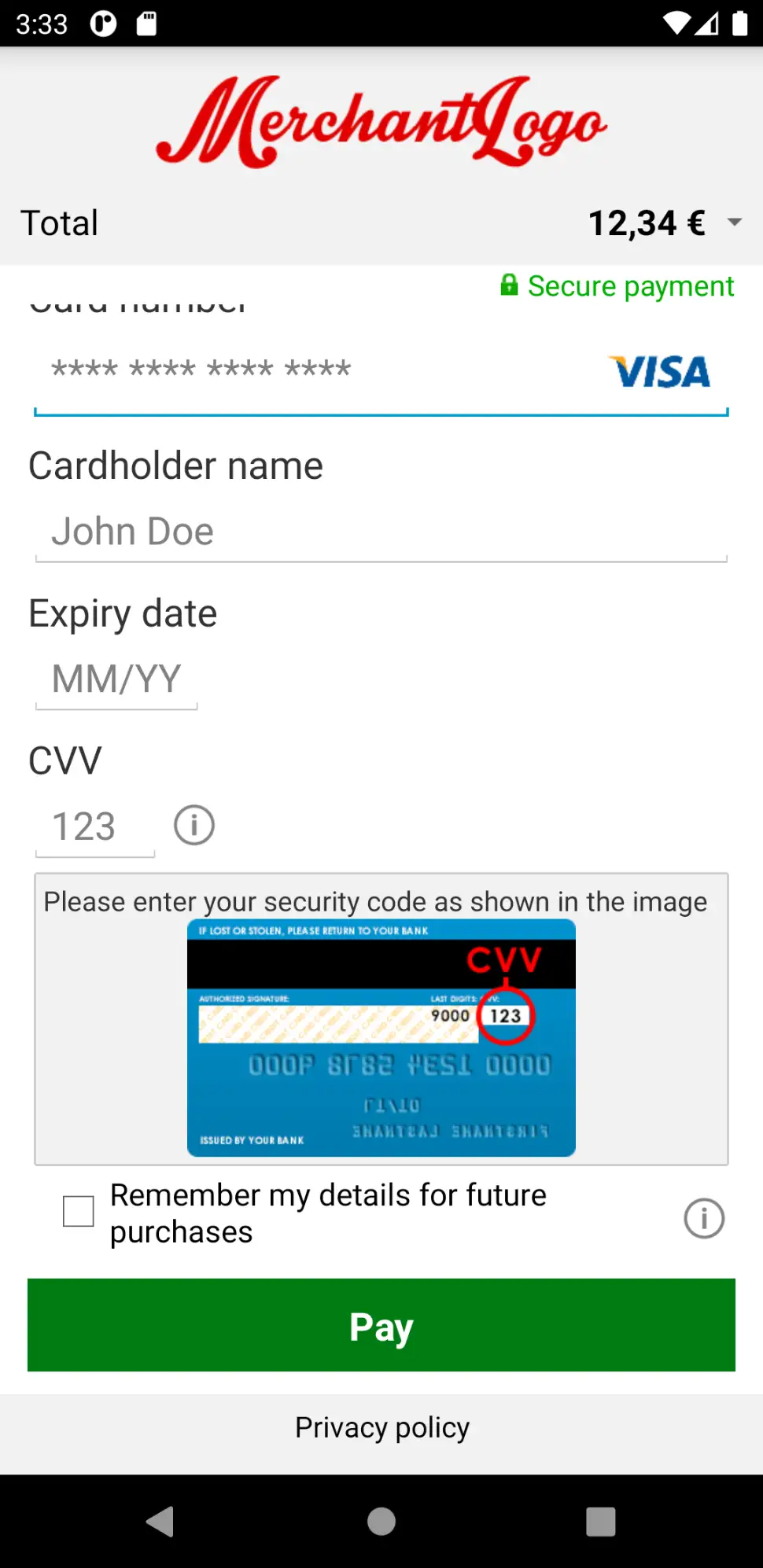 The image above shows the payment product input activity screen after pressing the information button.