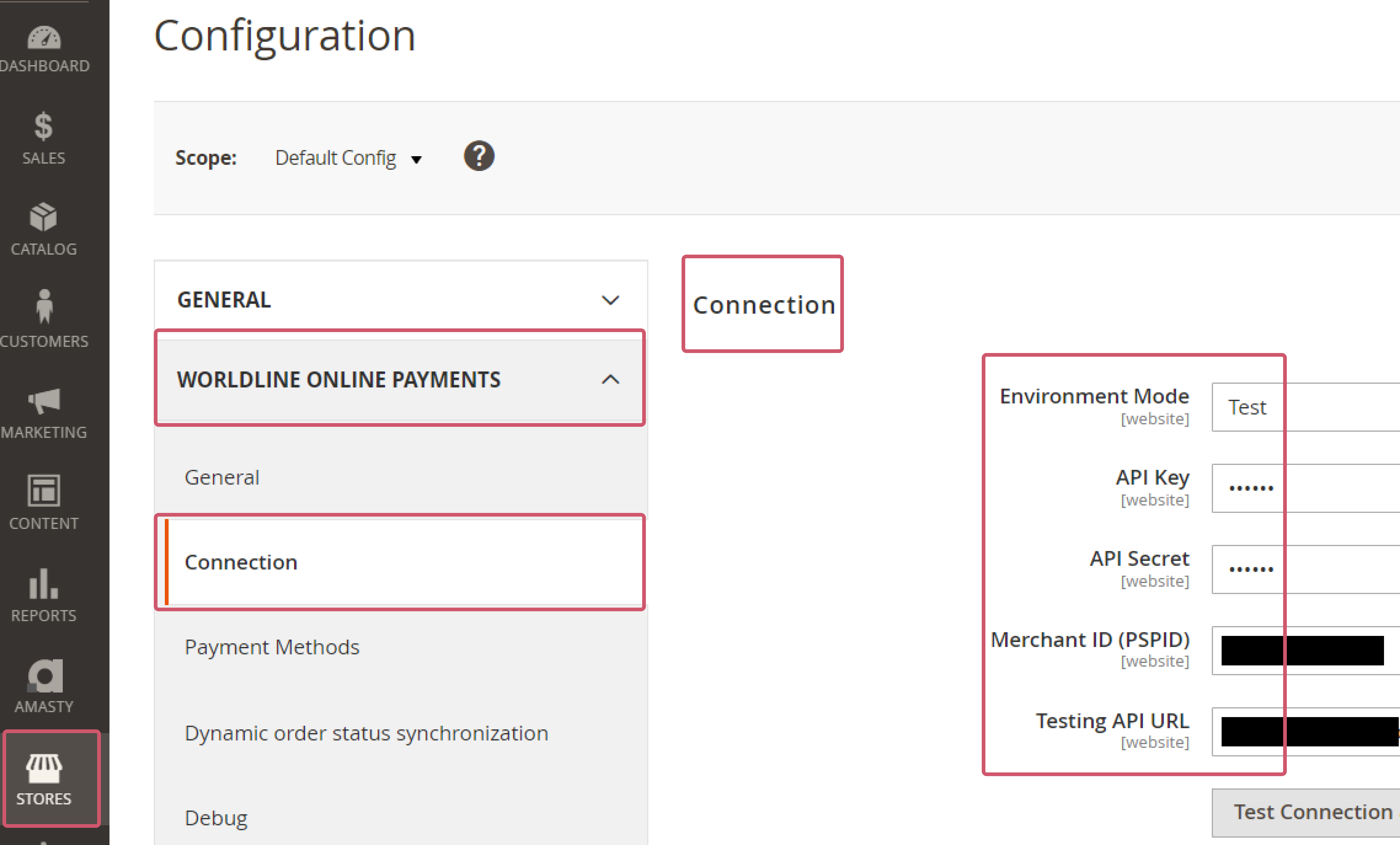 Dieses Bild zeigt, wo Sie das Modul „Connection“ im Magento Back Office