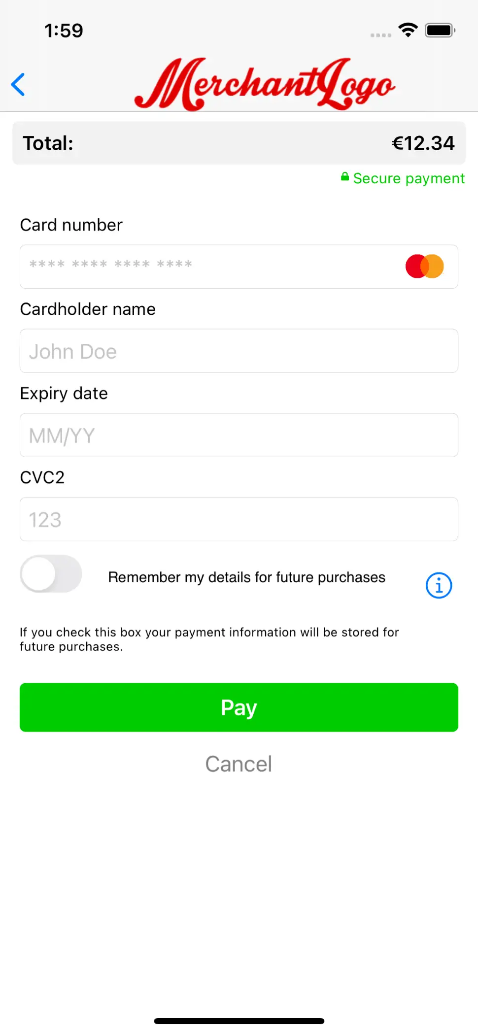 The image above shows the payment product input activity screen after pressing the information button.