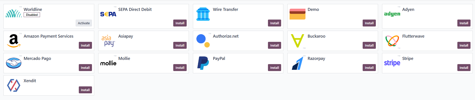 L’image montre une grille d’options de prestataires de paiement dans Odoo, incluant Worldline, PayPal, Stripe, Adyen et d’autres. L’option Worldline est marquée « Active », ce qui indique qu’elle est déjà activée.