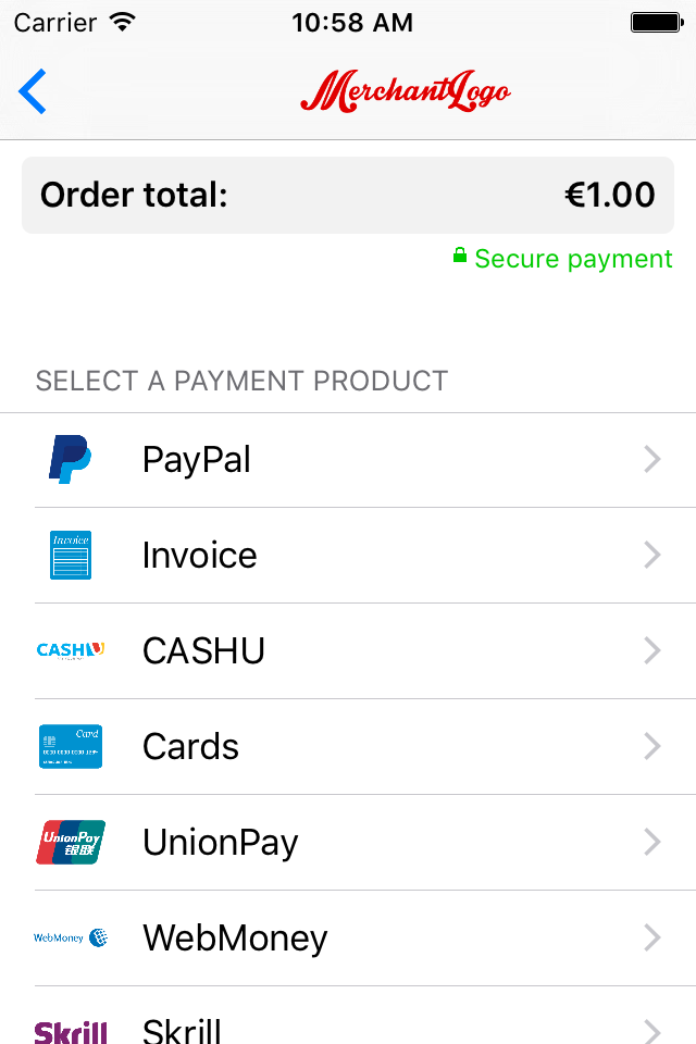 The image above shows the payment product selection screen.