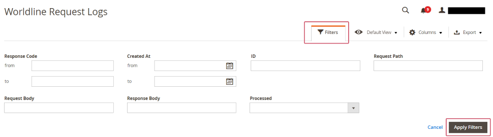 The image shows the filter functionality of the "Debug" module in the Magento Back Office