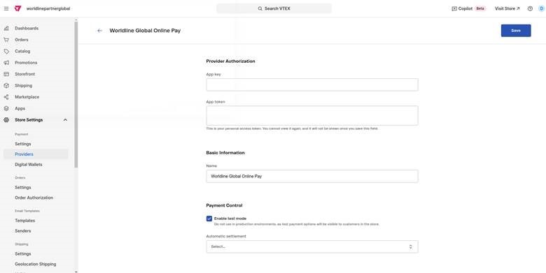 L’image ci-dessus montre l’interface d’administration VTEX pour configurer Worldline Global Online Pay, avec des champs pour les clés API et les paramètres de paiement.