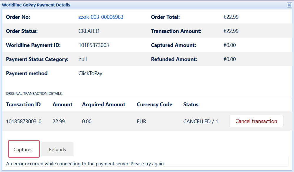 The image above shows the "Capture" tab in the Worldline-GoPay Payment Details section, where users can manually capture an authorised transaction by entering the amount and clicking the "Capture" link.