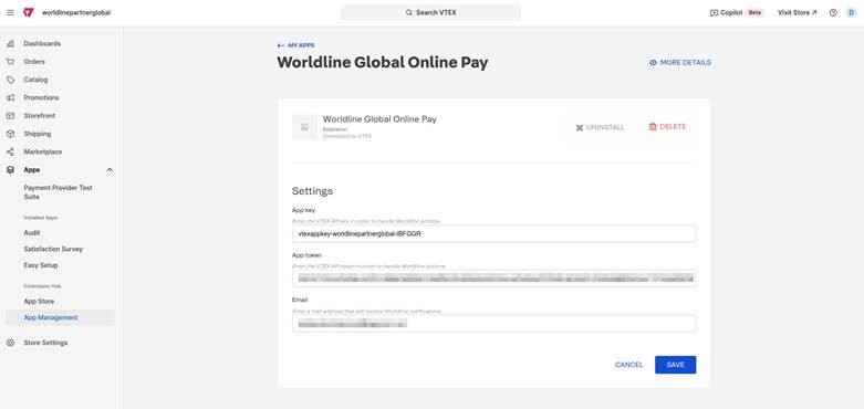 L’image ci-dessus montre l’écran de gestion des applications VTEX pour Worldline Global Online Pay, avec des champs pour la clé d’application, le jeton et la configuration de l’email.