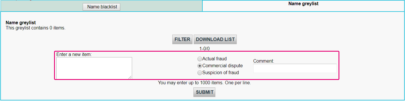 The image above shows how to add items to a blacklists/greylists/whitelists.