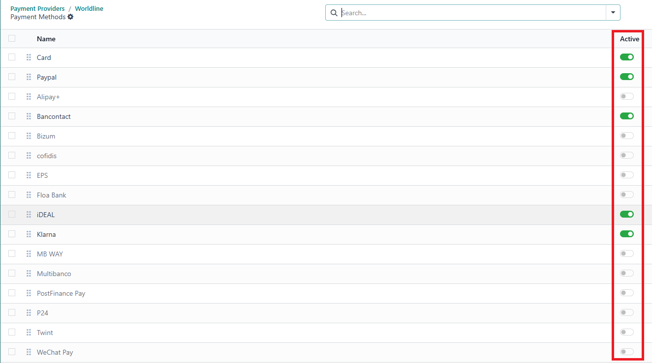L’image montre une liste de moyens de paiement dans l’interface Odoo sous « Payment Providers > Worldline ». Chaque méthode dispose d’un interrupteur dans la colonne « Active » pour l’activer ou la désactiver sur la page de paiement.