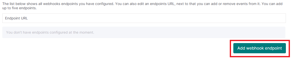 L’image montre la section Webhooks dans le portail marchand Worldline, où l’utilisateur peut ajouter un point de terminaison webhook. Le bouton « Add webhook endpoint » est mis en évidence en vert, en bas à droite de l’interface.