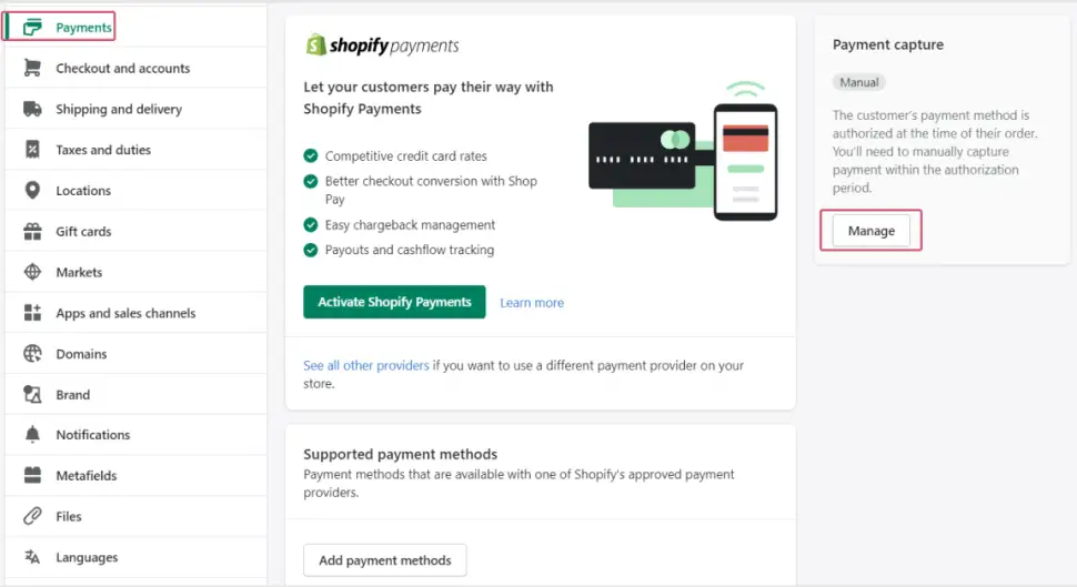 The image above shows where to configure authorisation/direct sale mode in the Shopify Back Office.